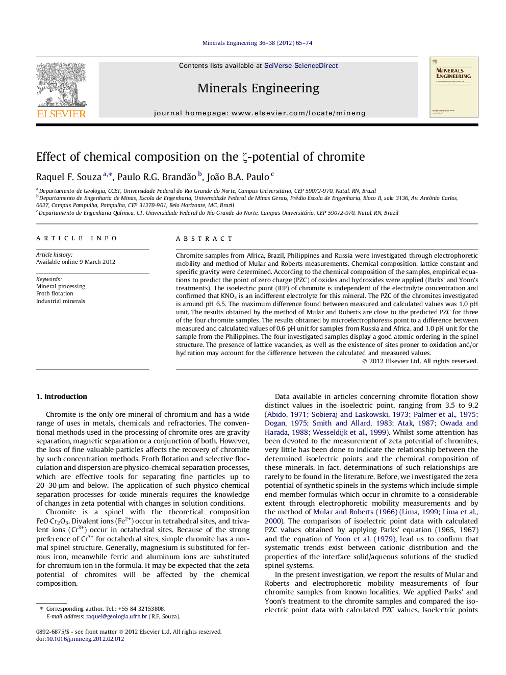 Effect of chemical composition on the ζ-potential of chromite