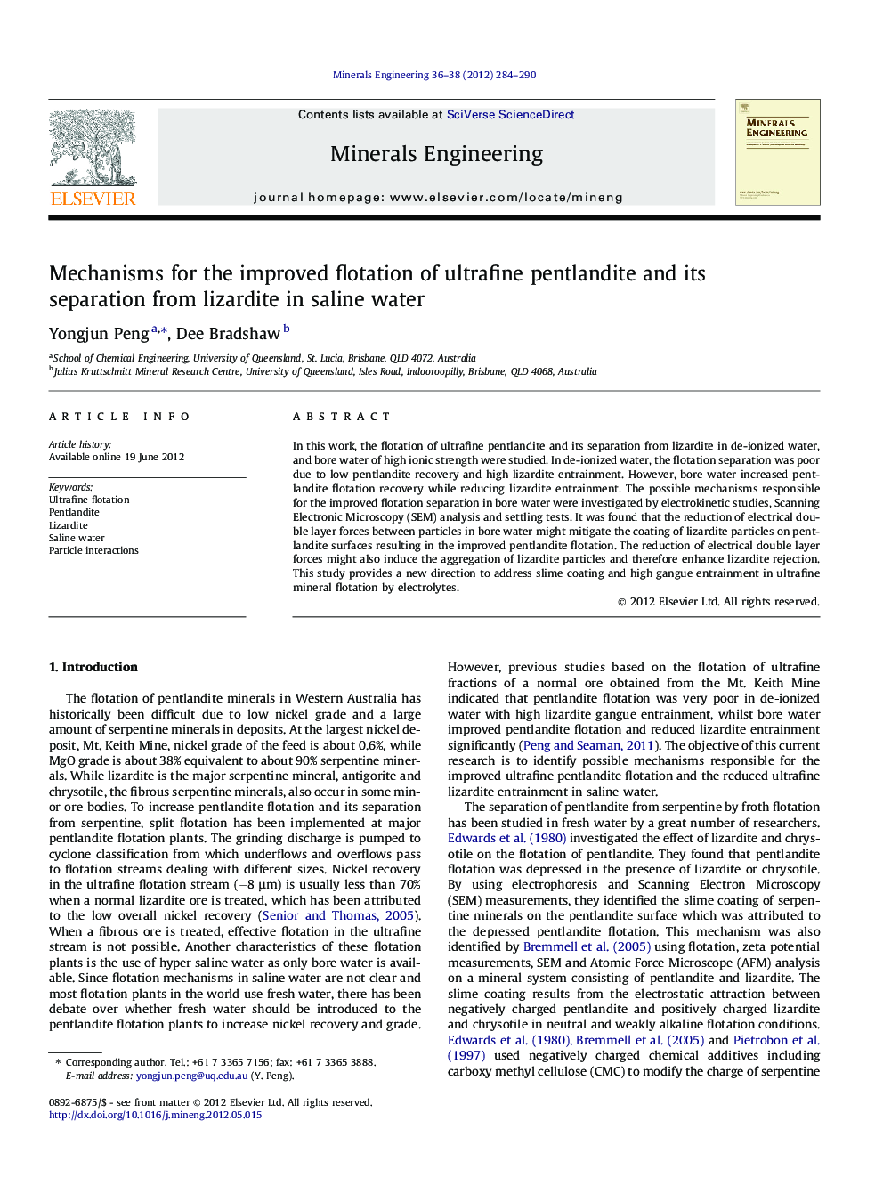 Mechanisms for the improved flotation of ultrafine pentlandite and its separation from lizardite in saline water