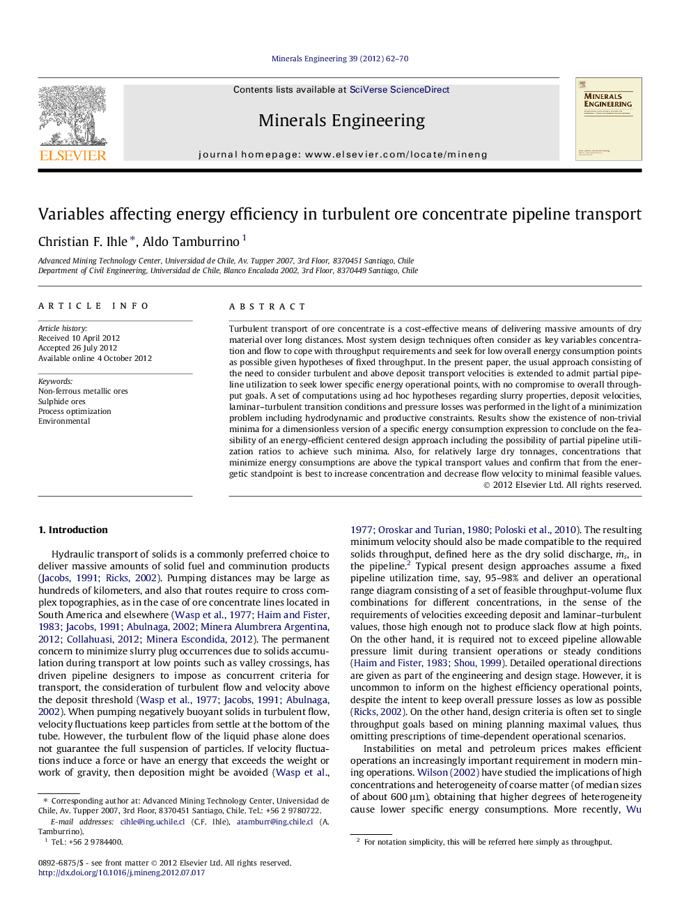 Variables affecting energy efficiency in turbulent ore concentrate pipeline transport