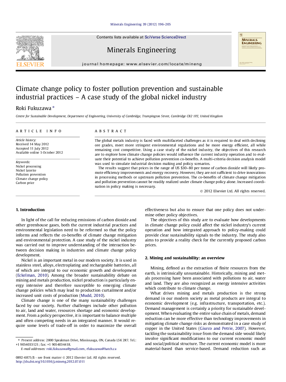 Climate change policy to foster pollution prevention and sustainable industrial practices – A case study of the global nickel industry