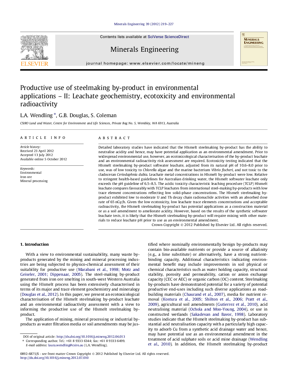 Productive use of steelmaking by-product in environmental applications – II: Leachate geochemistry, ecotoxicity and environmental radioactivity