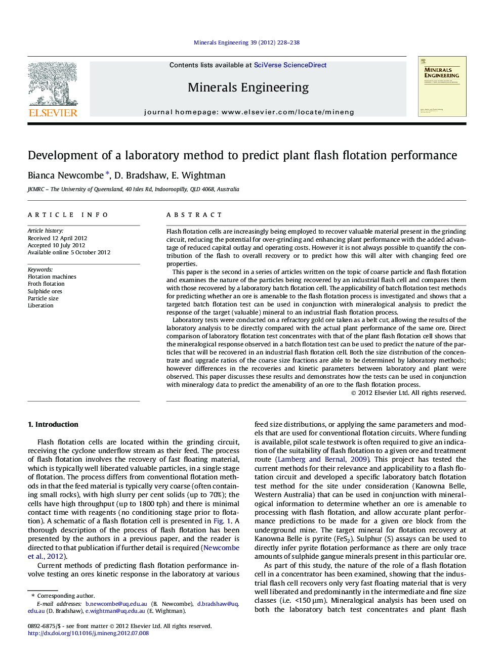 Development of a laboratory method to predict plant flash flotation performance