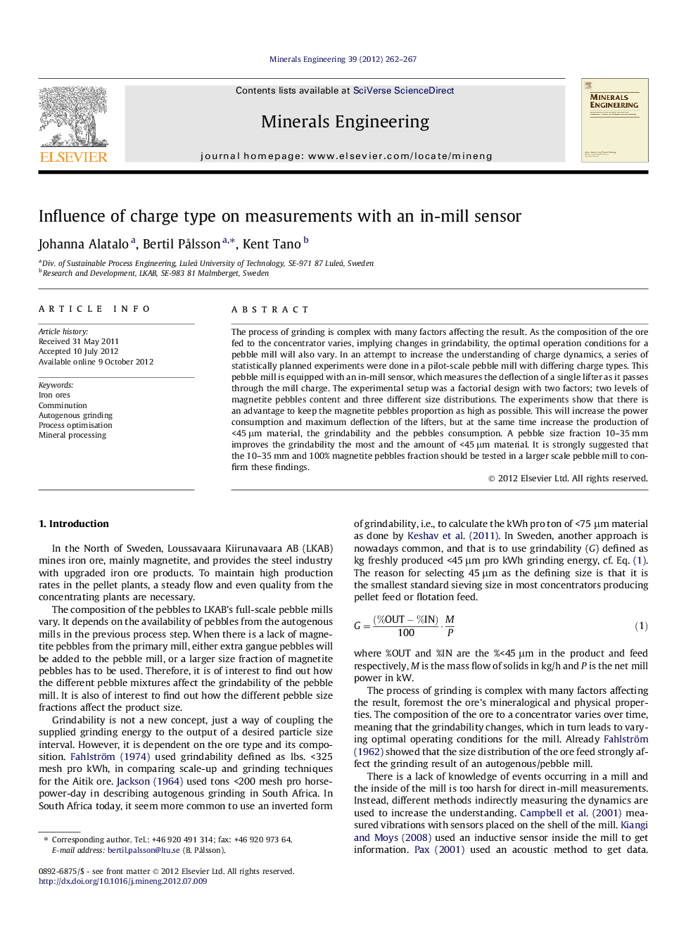 Influence of charge type on measurements with an in-mill sensor