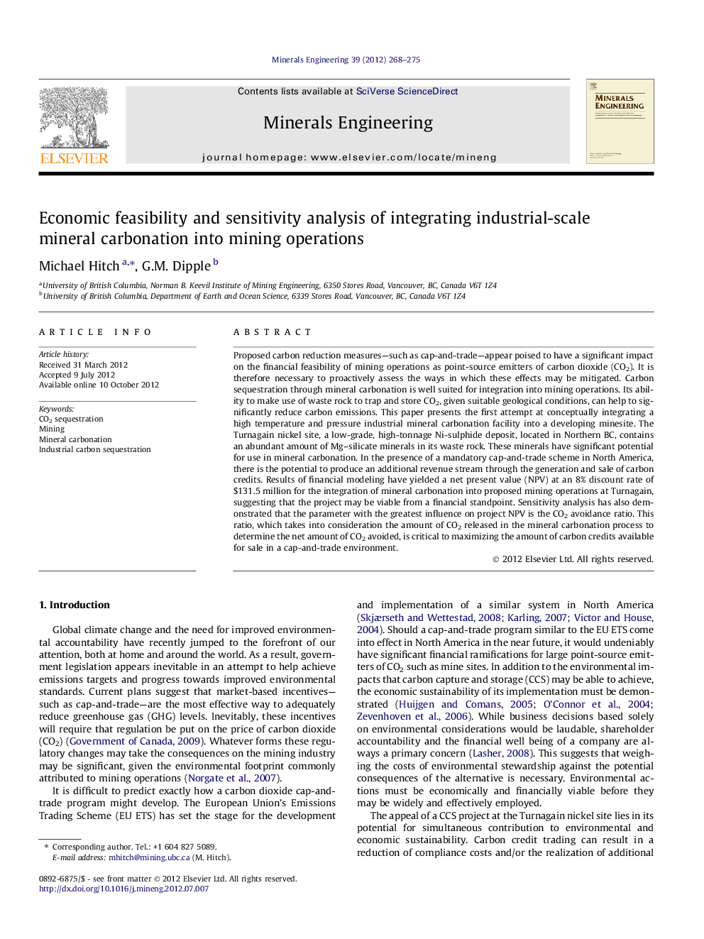 Economic feasibility and sensitivity analysis of integrating industrial-scale mineral carbonation into mining operations