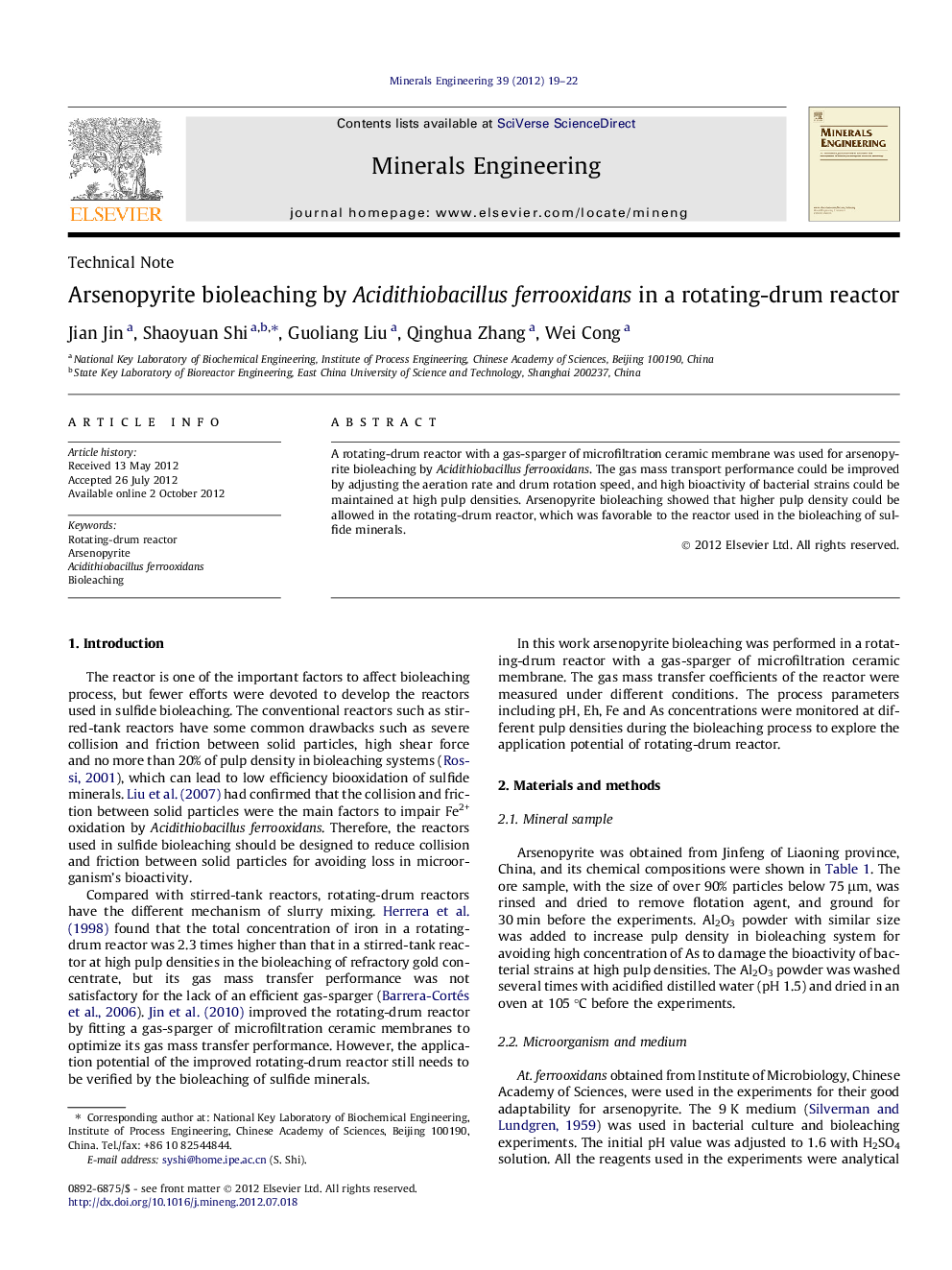 Arsenopyrite bioleaching by Acidithiobacillus ferrooxidans in a rotating-drum reactor