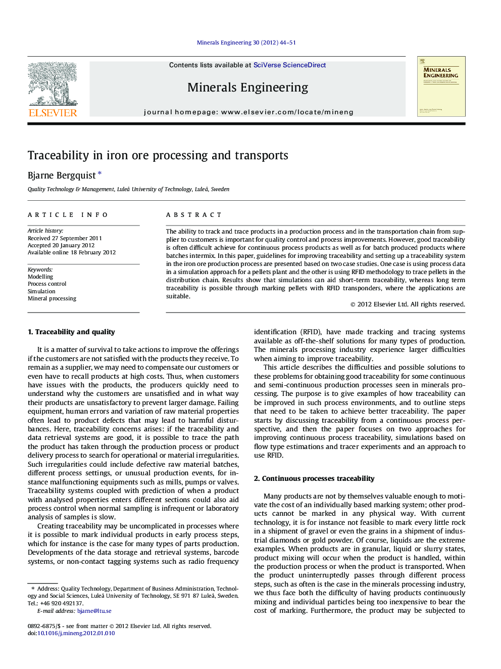 Traceability in iron ore processing and transports