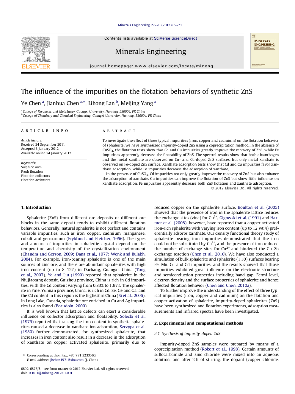 The influence of the impurities on the flotation behaviors of synthetic ZnS