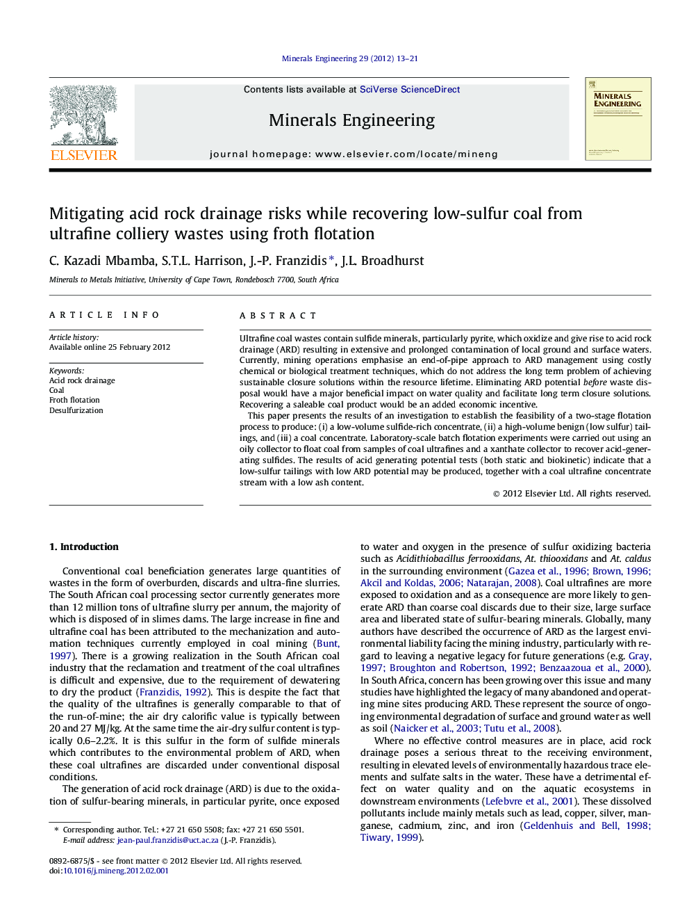 Mitigating acid rock drainage risks while recovering low-sulfur coal from ultrafine colliery wastes using froth flotation