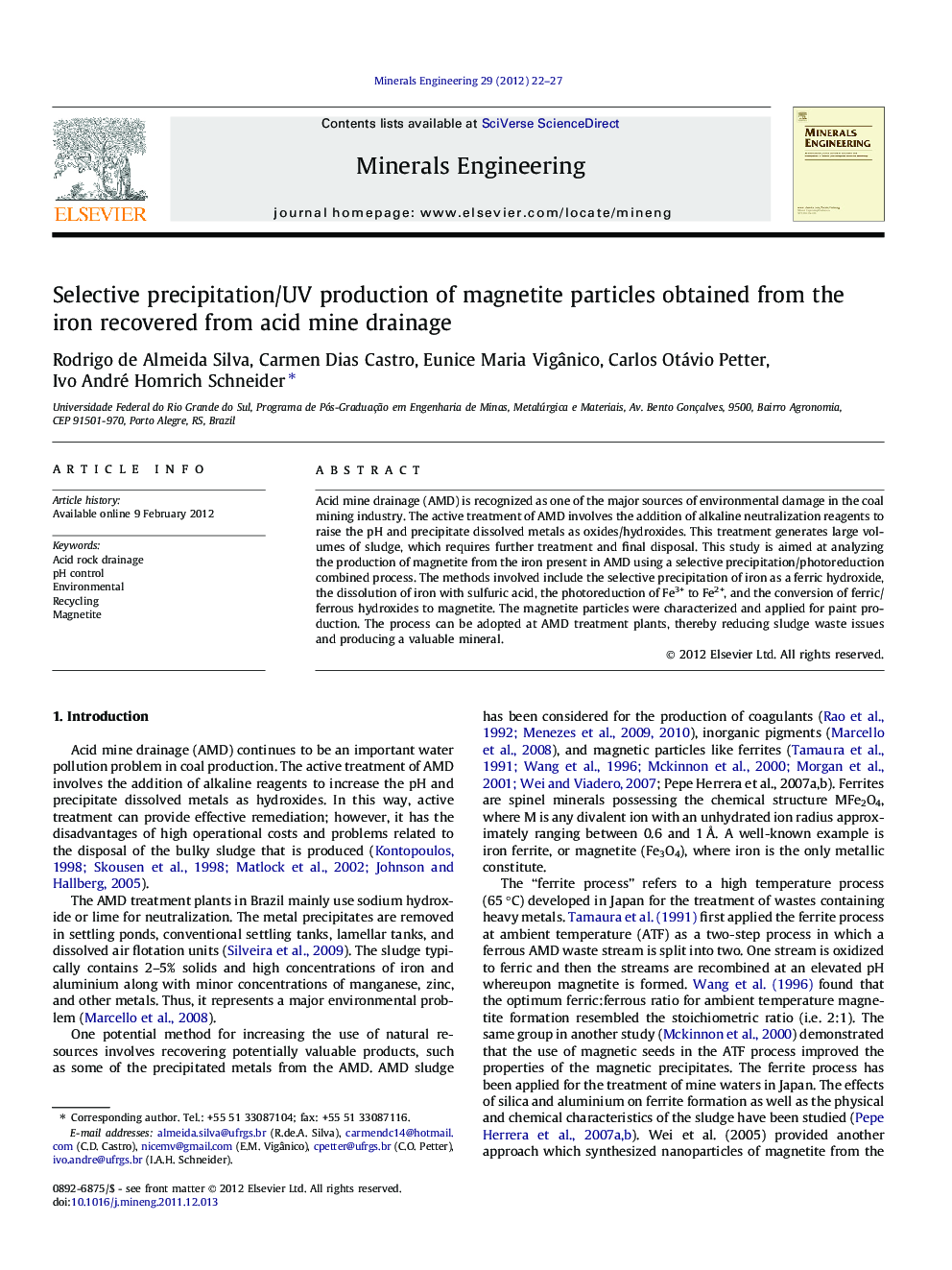 Selective precipitation/UV production of magnetite particles obtained from the iron recovered from acid mine drainage