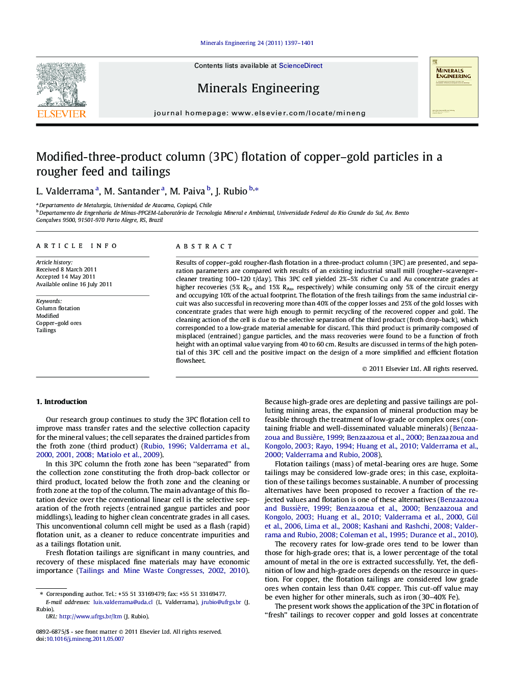 Modified-three-product column (3PC) flotation of copper–gold particles in a rougher feed and tailings