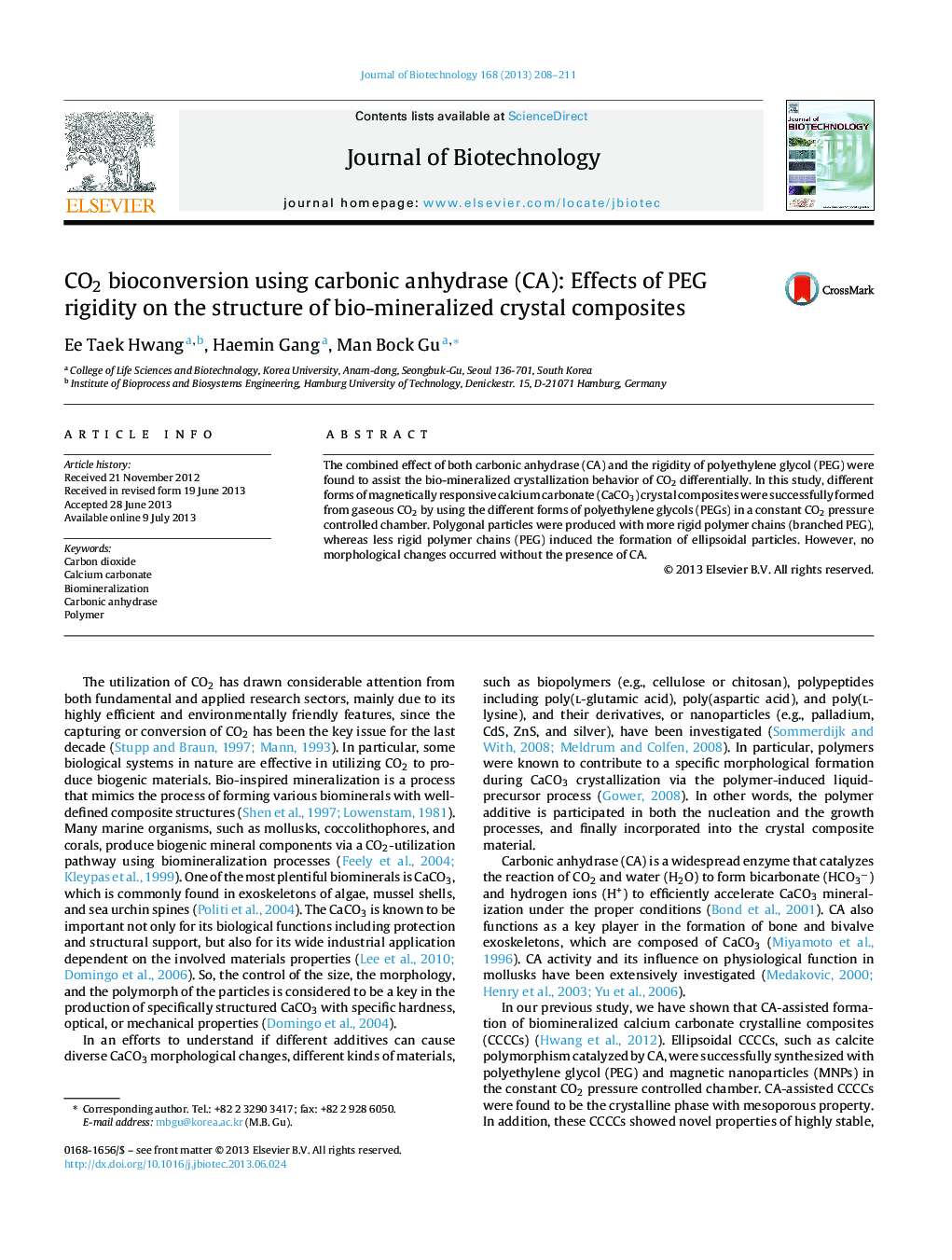 CO2 bioconversion using carbonic anhydrase (CA): Effects of PEG rigidity on the structure of bio-mineralized crystal composites