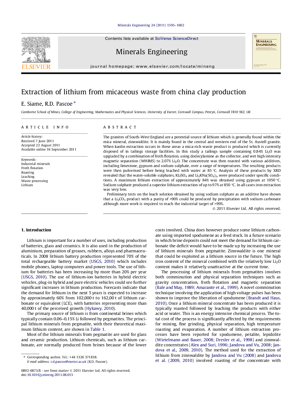 Extraction of lithium from micaceous waste from china clay production