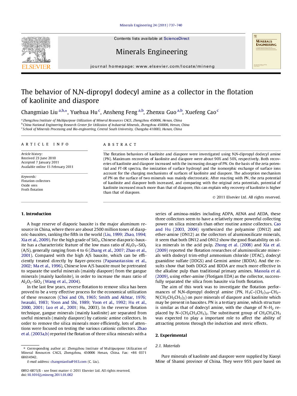 The behavior of N,N-dipropyl dodecyl amine as a collector in the flotation of kaolinite and diaspore