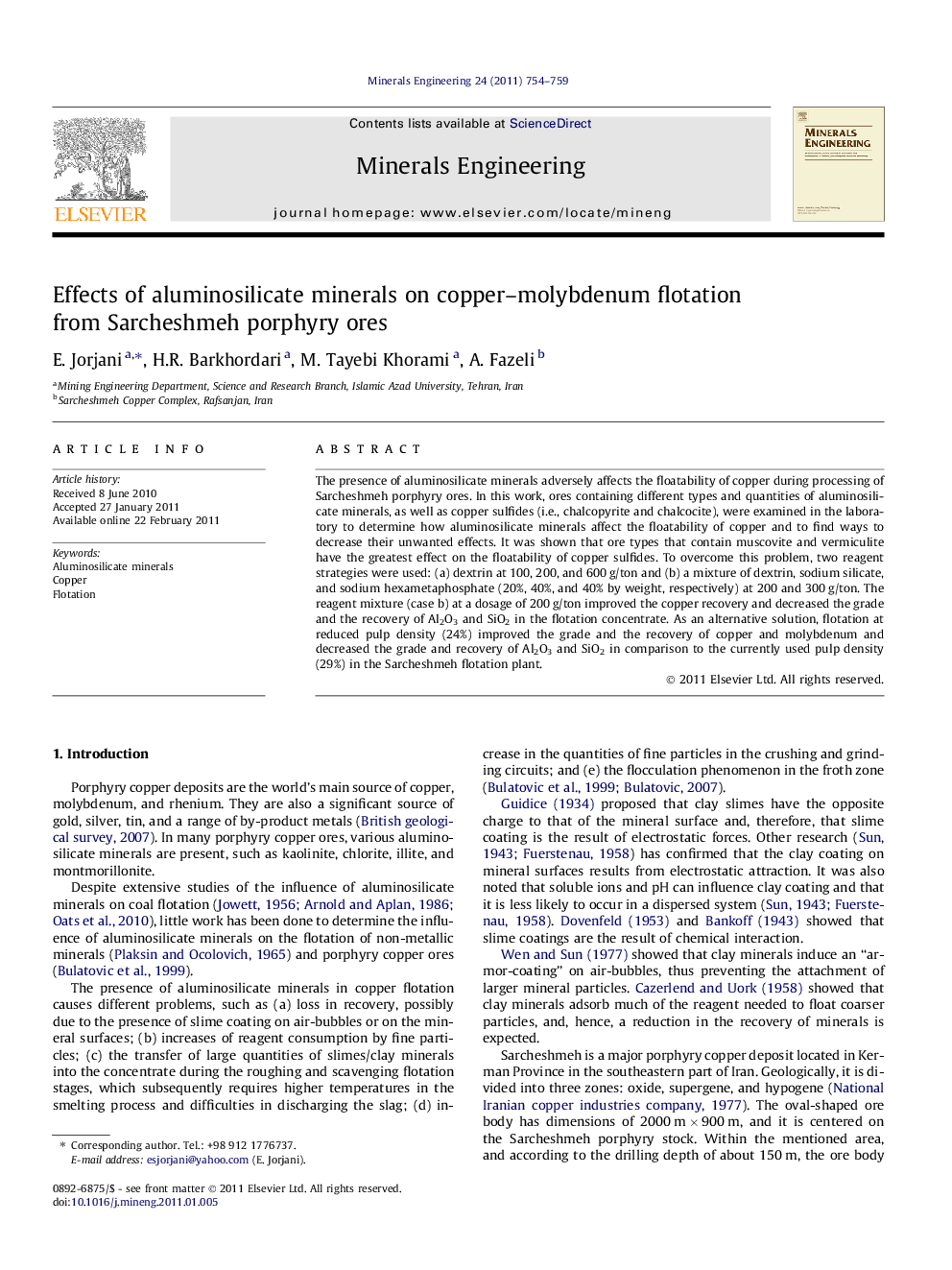 Effects of aluminosilicate minerals on copper–molybdenum flotation from Sarcheshmeh porphyry ores