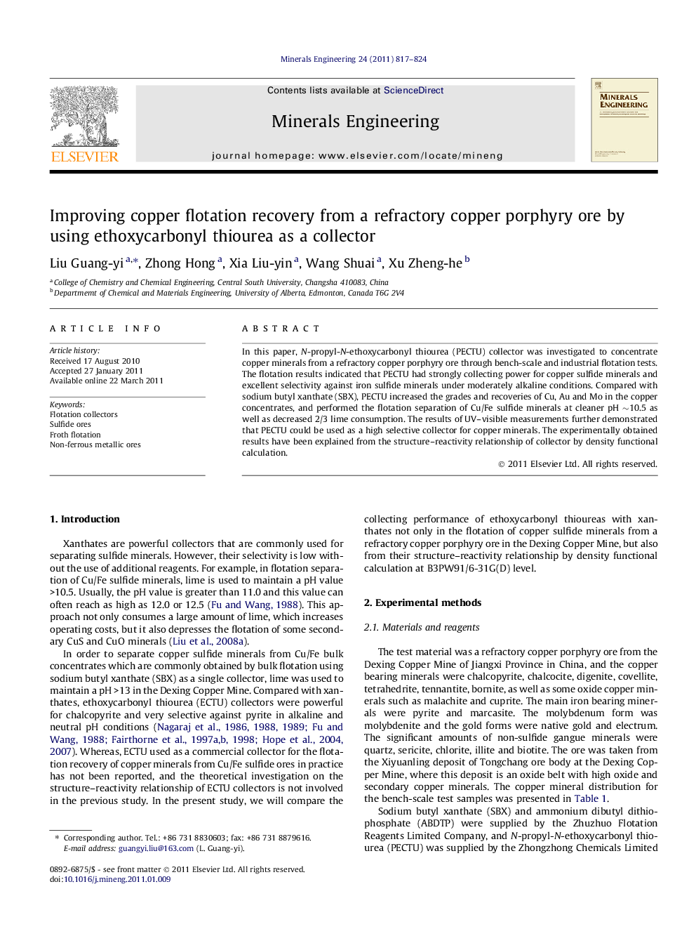 Improving copper flotation recovery from a refractory copper porphyry ore by using ethoxycarbonyl thiourea as a collector