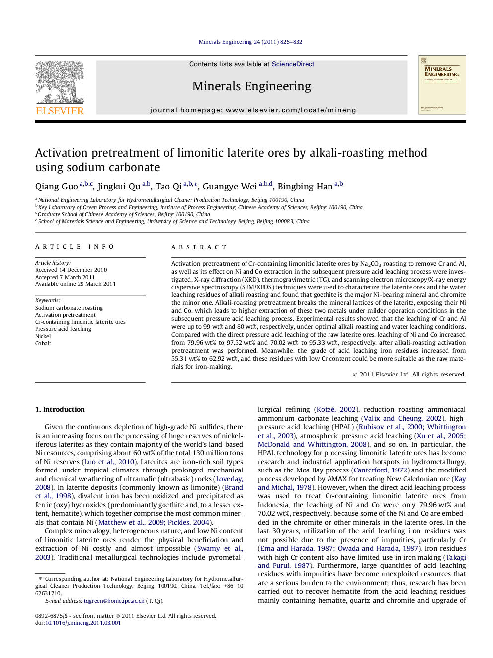 Activation pretreatment of limonitic laterite ores by alkali-roasting method using sodium carbonate