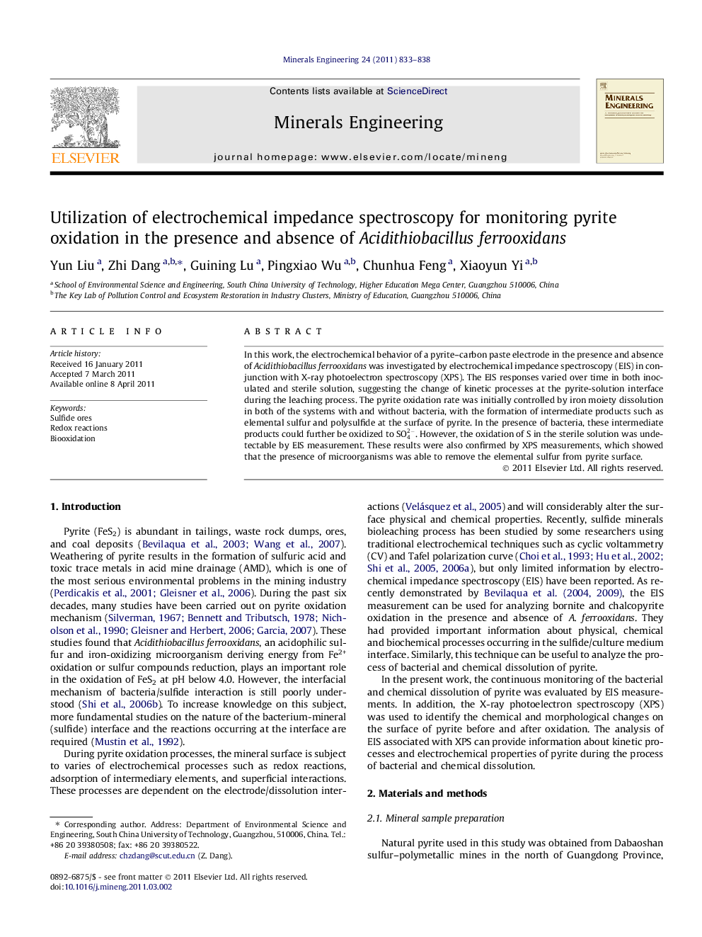 Utilization of electrochemical impedance spectroscopy for monitoring pyrite oxidation in the presence and absence of Acidithiobacillus ferrooxidans