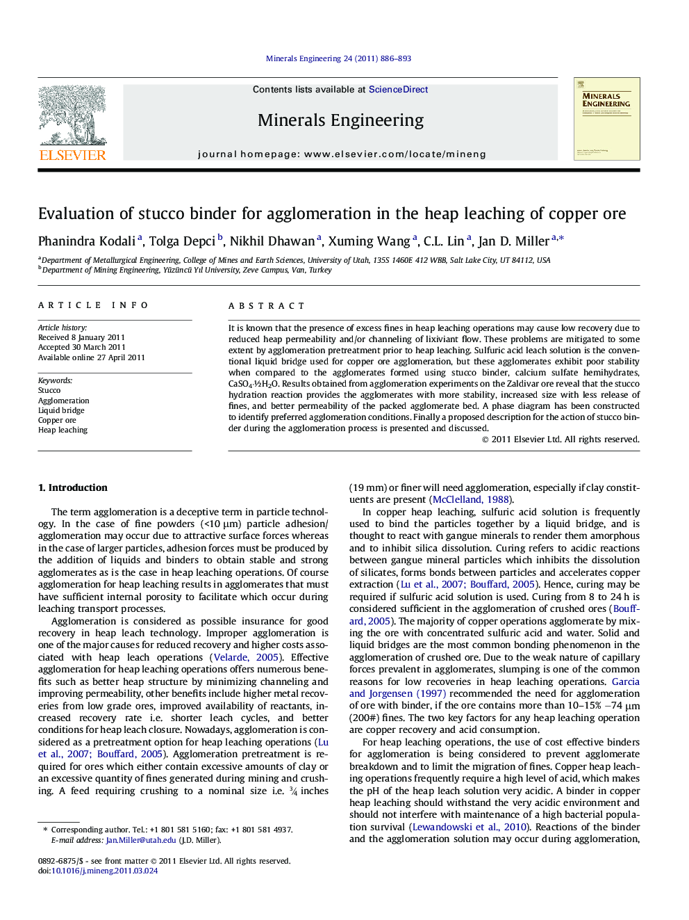 Evaluation of stucco binder for agglomeration in the heap leaching of copper ore