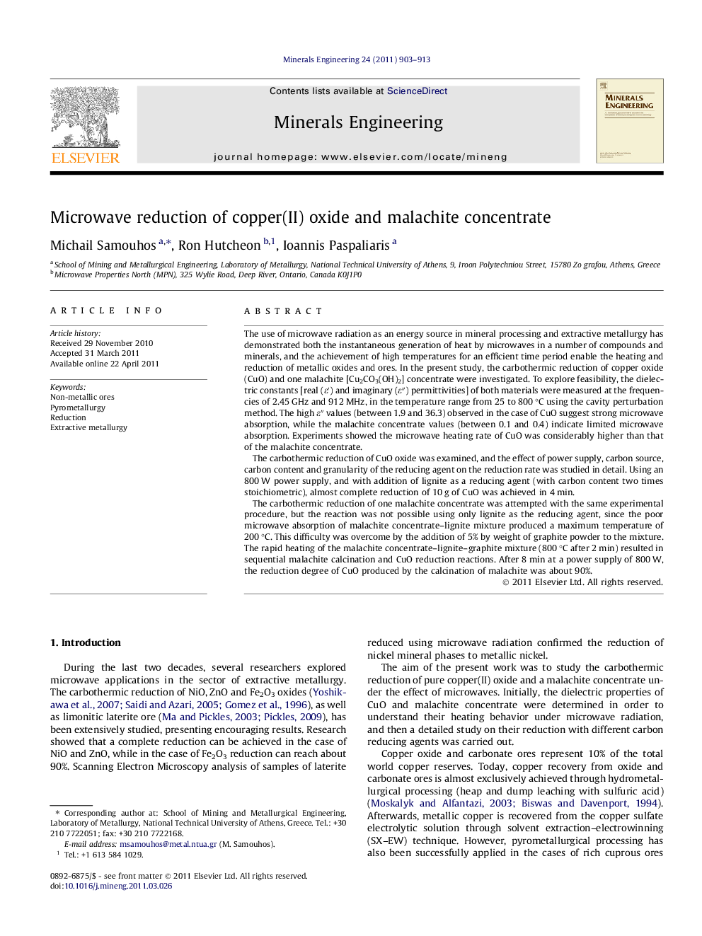 Microwave reduction of copper(II) oxide and malachite concentrate