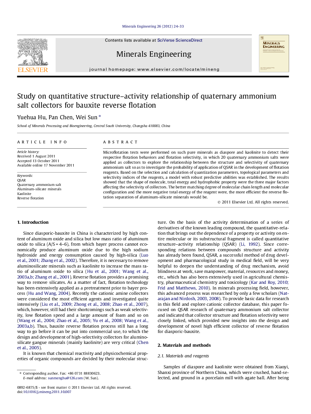 Study on quantitative structure–activity relationship of quaternary ammonium salt collectors for bauxite reverse flotation