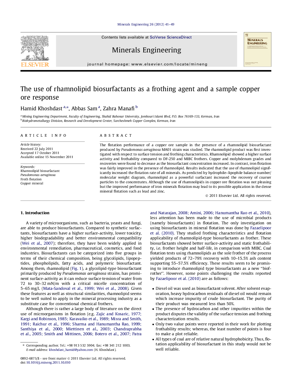 عکس صفحه اول مقاله: The use of rhamnolipid biosurfactants as a frothing agent and a sample copper ore response The use of rhamnolipid biosurfactants as a frothing agent and a sample copper ore response