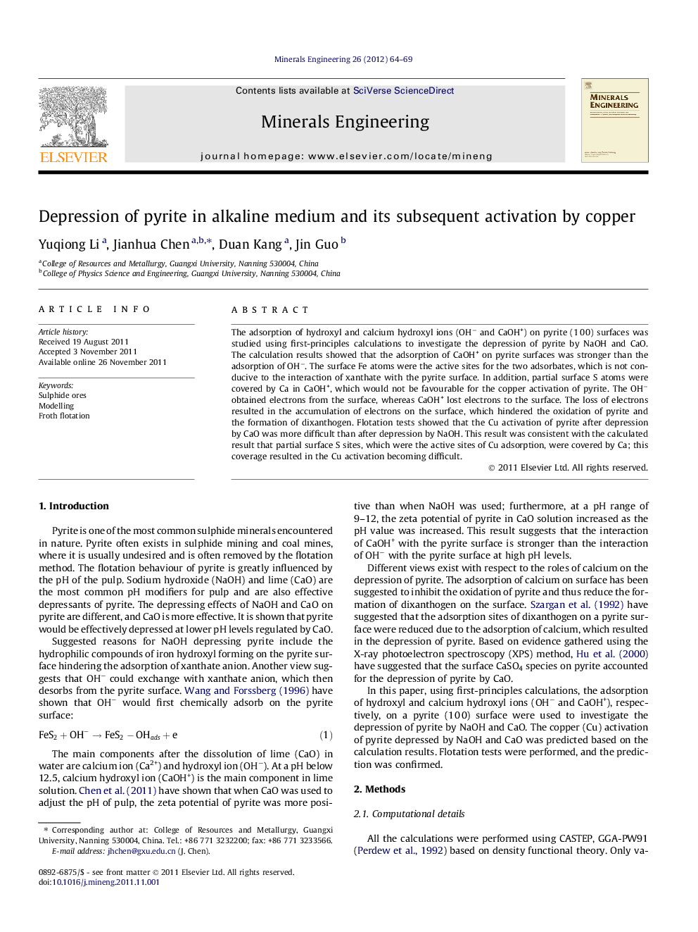 Depression of pyrite in alkaline medium and its subsequent activation by copper