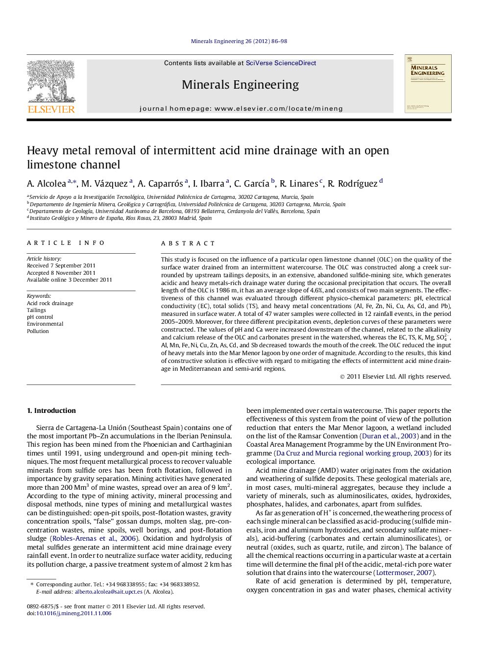 Heavy metal removal of intermittent acid mine drainage with an open limestone channel