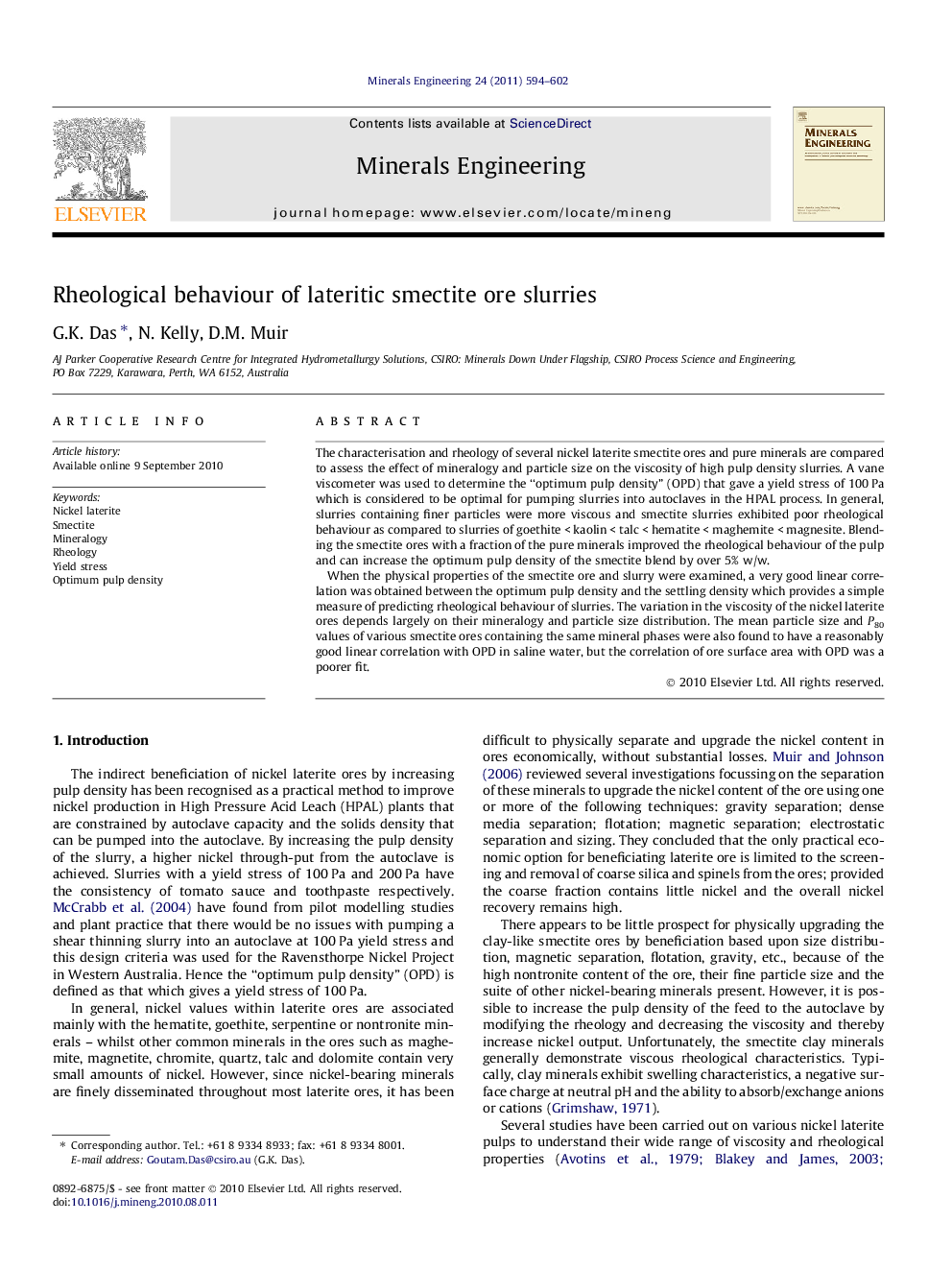 Rheological behaviour of lateritic smectite ore slurries