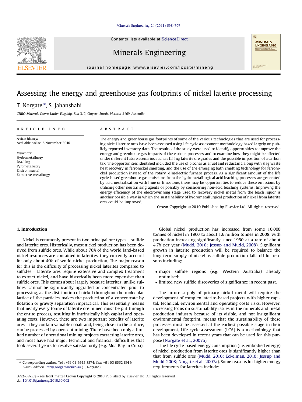 Assessing the energy and greenhouse gas footprints of nickel laterite processing