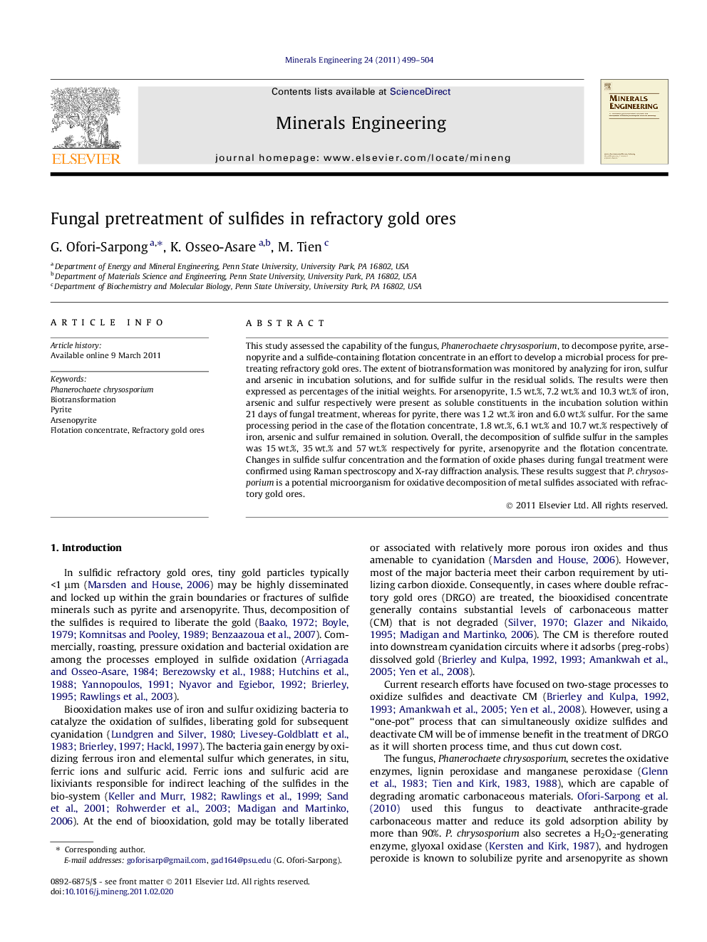 Fungal pretreatment of sulfides in refractory gold ores