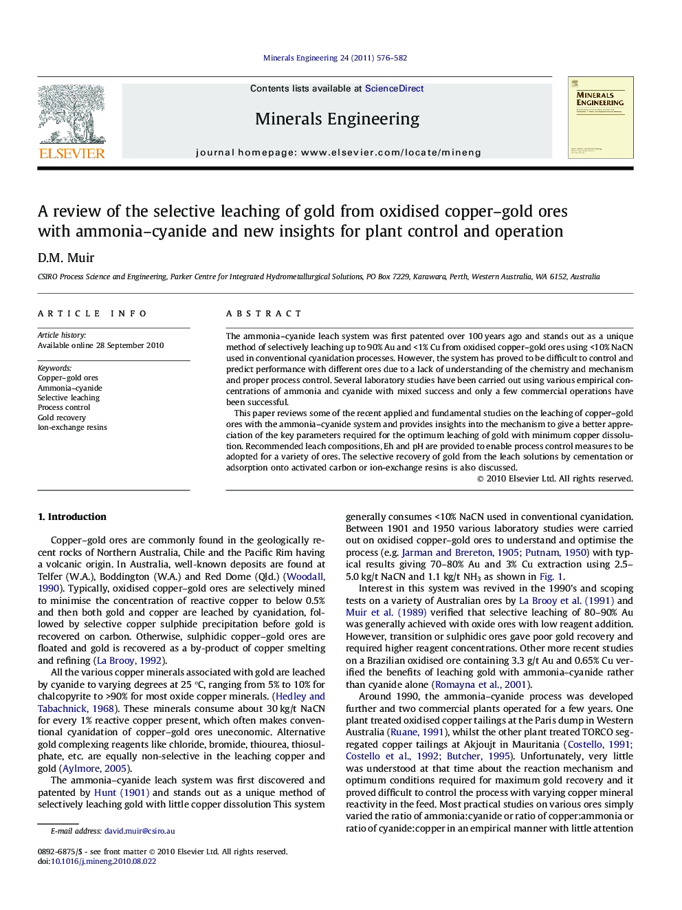 A review of the selective leaching of gold from oxidised copper–gold ores with ammonia–cyanide and new insights for plant control and operation