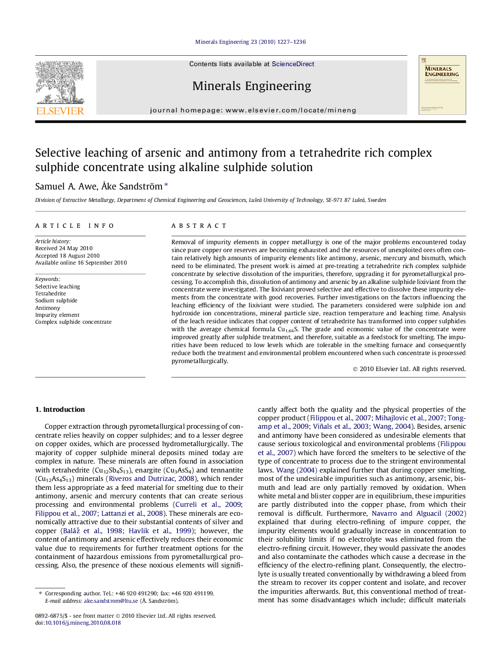 Selective leaching of arsenic and antimony from a tetrahedrite rich complex sulphide concentrate using alkaline sulphide solution