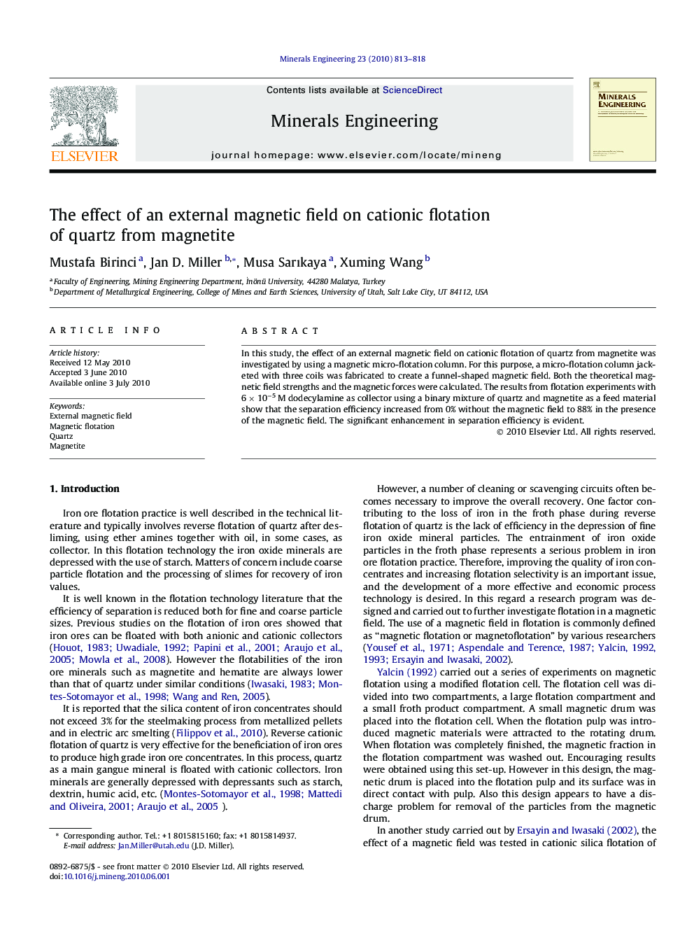 The effect of an external magnetic field on cationic flotation of quartz from magnetite