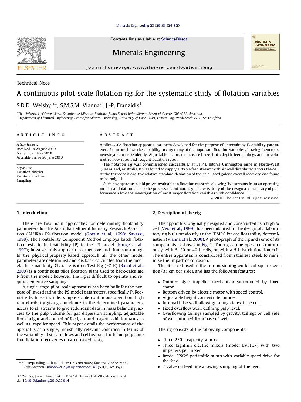 A continuous pilot-scale flotation rig for the systematic study of flotation variables