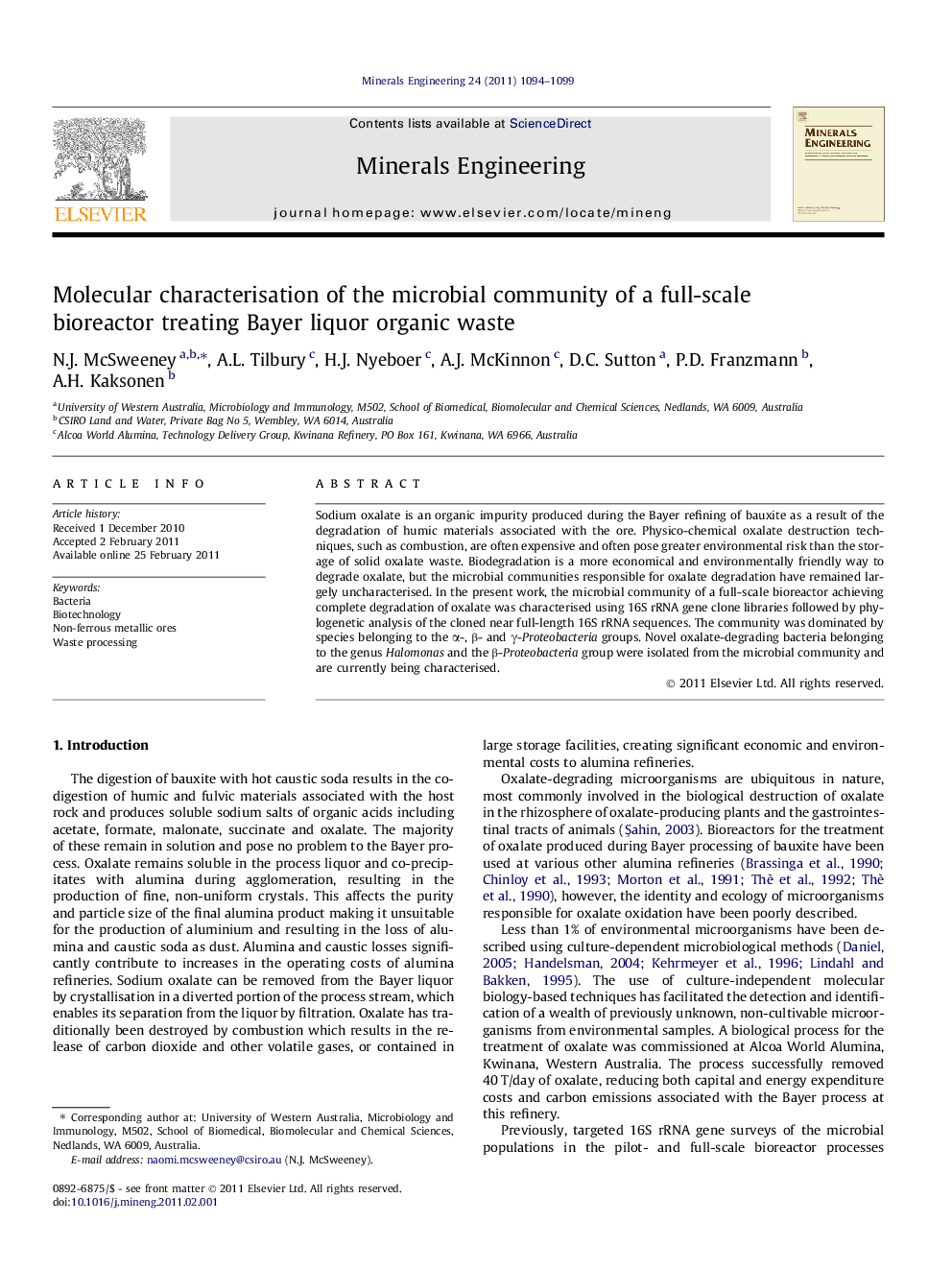 Molecular characterisation of the microbial community of a full-scale bioreactor treating Bayer liquor organic waste