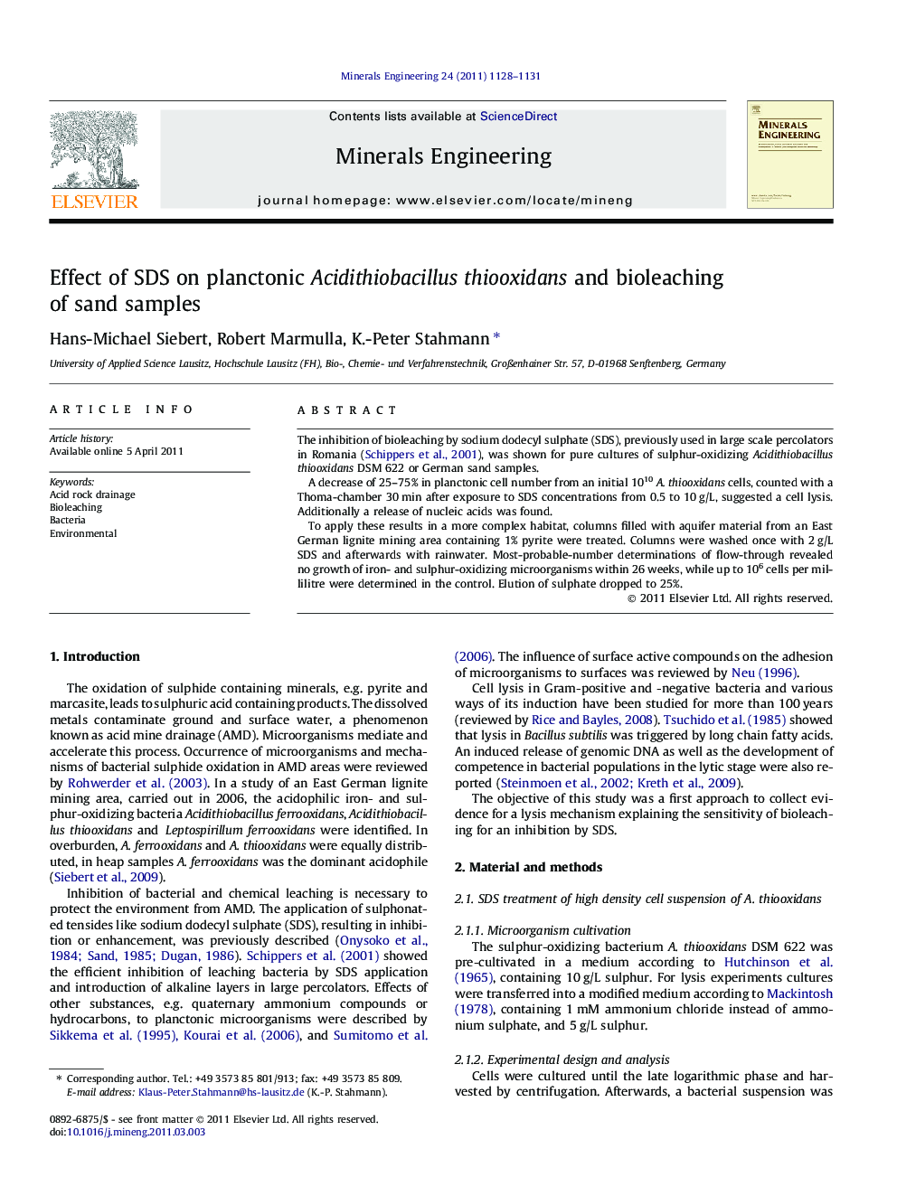 Effect of SDS on planctonic Acidithiobacillus thiooxidans and bioleaching of sand samples