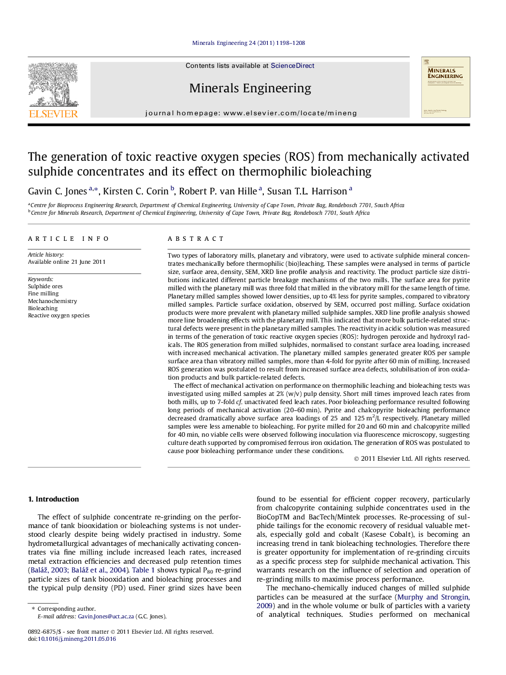 The generation of toxic reactive oxygen species (ROS) from mechanically activated sulphide concentrates and its effect on thermophilic bioleaching