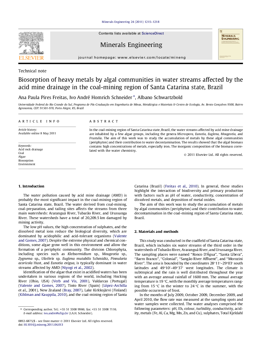 Biosorption of heavy metals by algal communities in water streams affected by the acid mine drainage in the coal-mining region of Santa Catarina state, Brazil