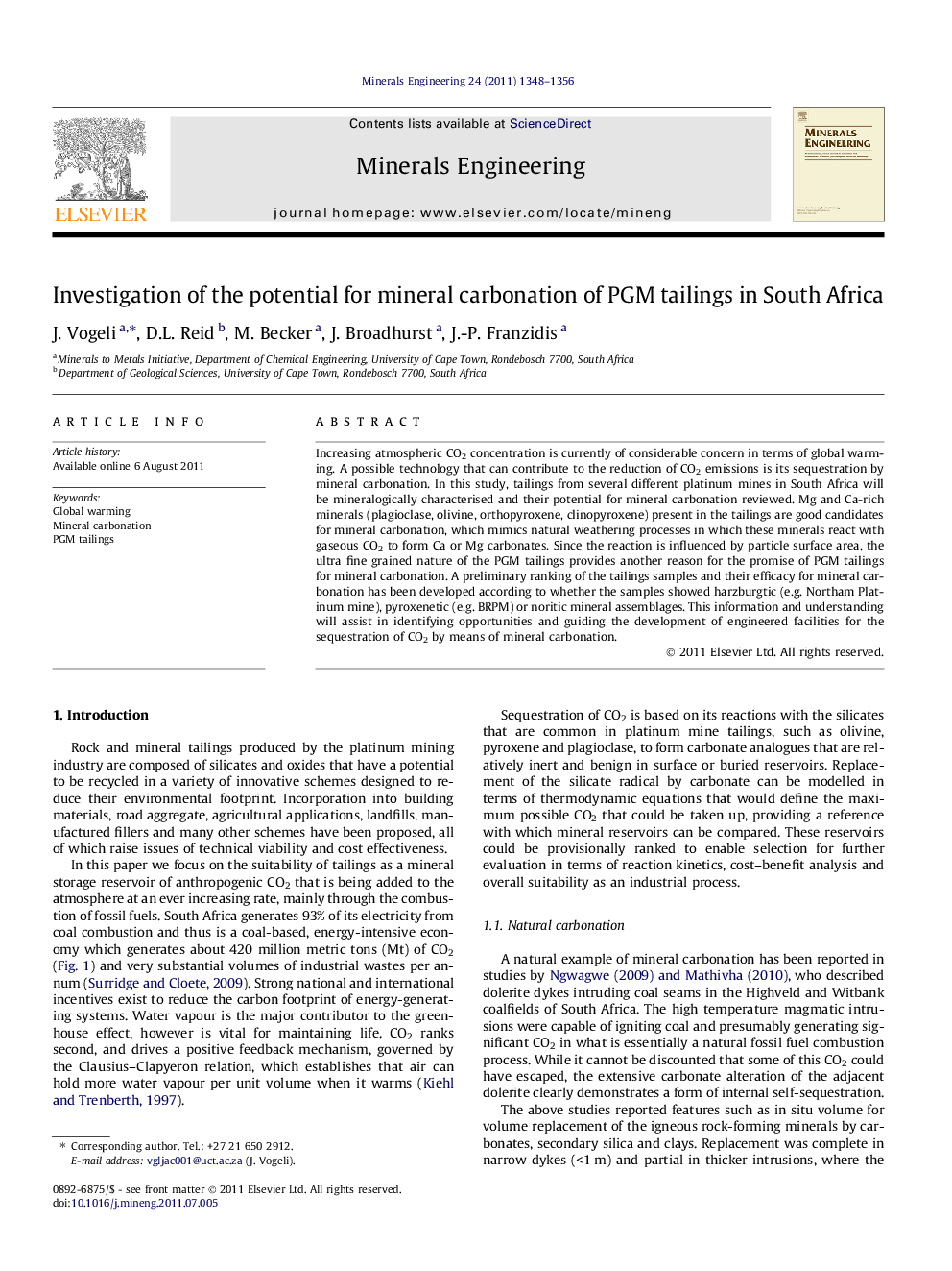 Investigation of the potential for mineral carbonation of PGM tailings in South Africa