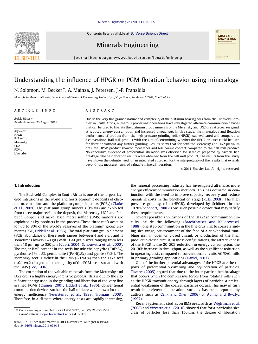 Understanding the influence of HPGR on PGM flotation behavior using mineralogy