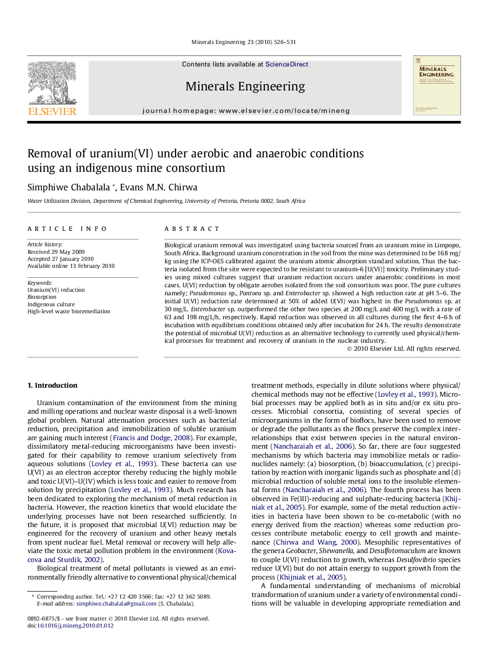 Removal of uranium(VI) under aerobic and anaerobic conditions using an indigenous mine consortium