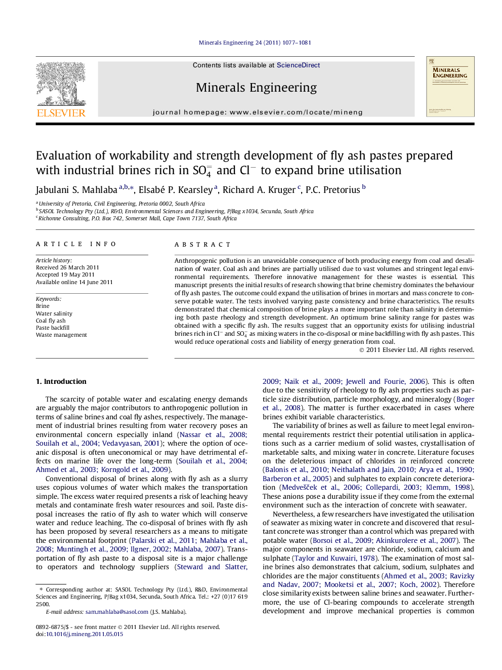 Evaluation of workability and strength development of fly ash pastes prepared with industrial brines rich in SO4= and Cl− to expand brine utilisation