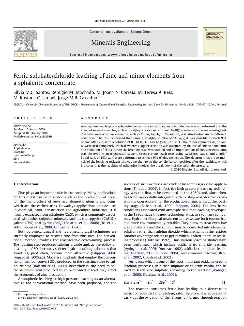 Ferric sulphate/chloride leaching of zinc and minor elements from a sphalerite concentrate