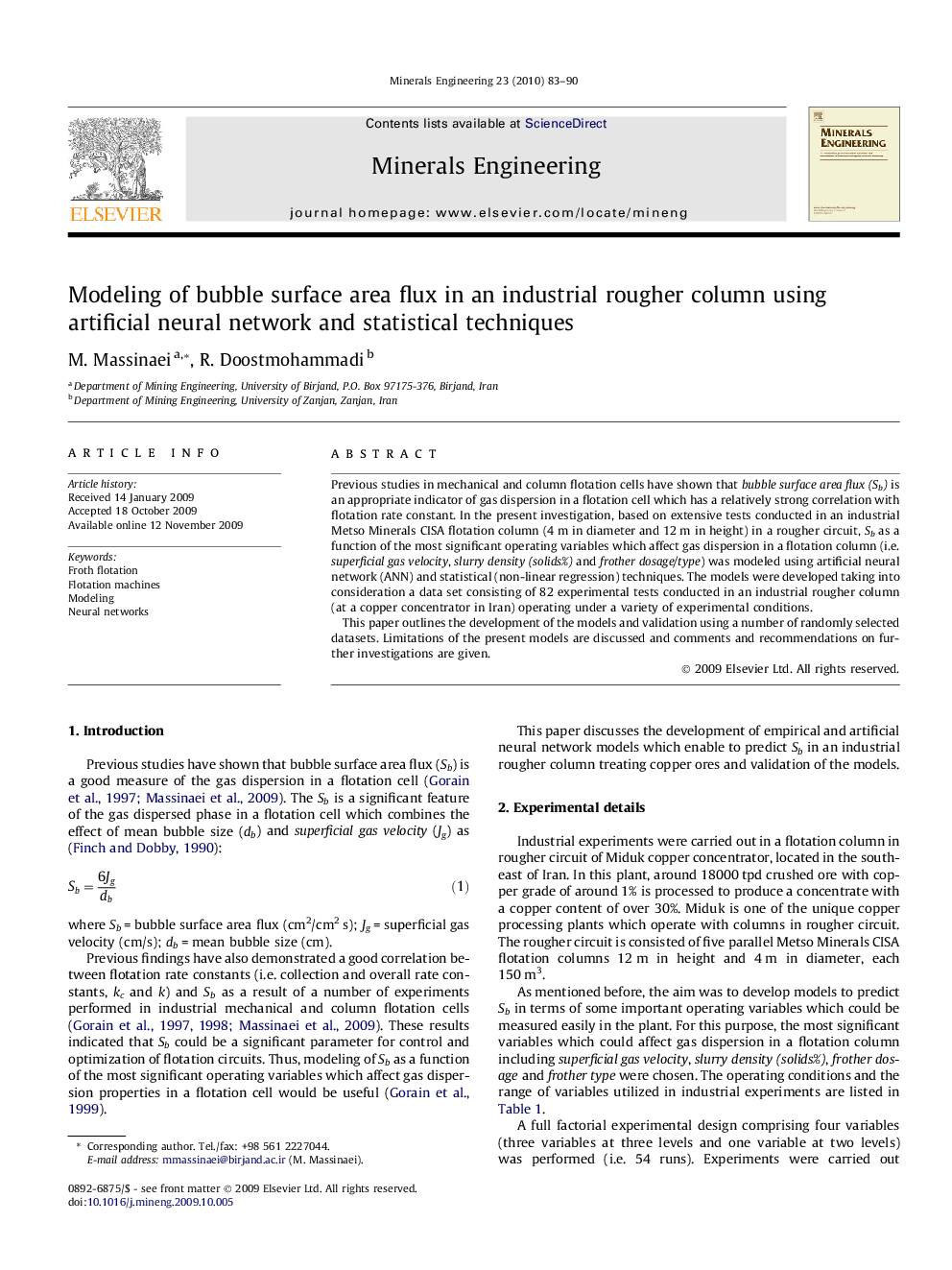 Modeling of bubble surface area flux in an industrial rougher column using artificial neural network and statistical techniques