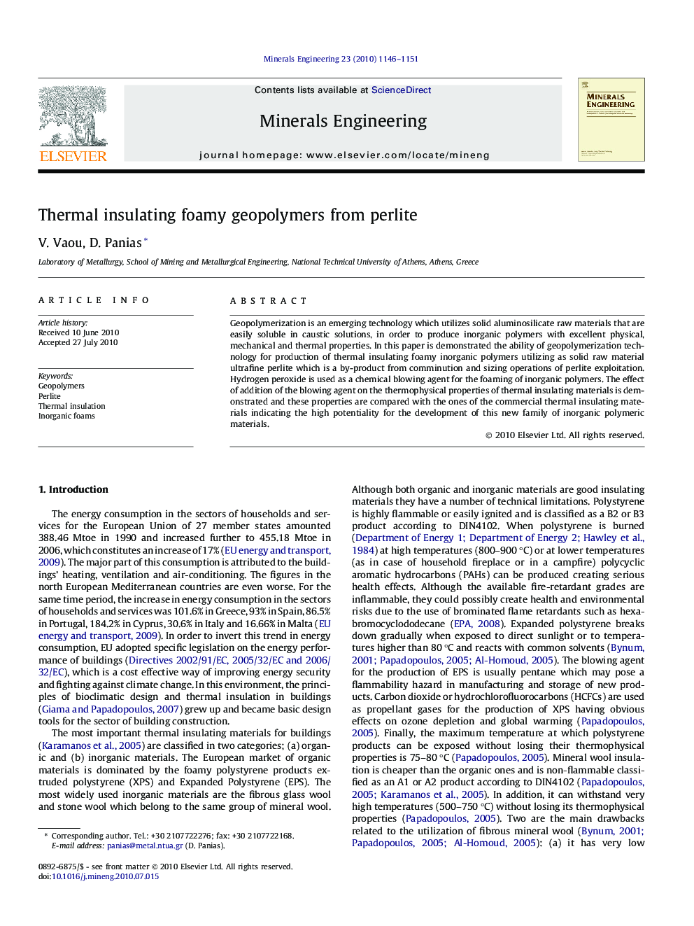 عکس صفحه اول مقاله: Thermal insulating foamy geopolymers from perlite Thermal insulating foamy geopolymers from perlite