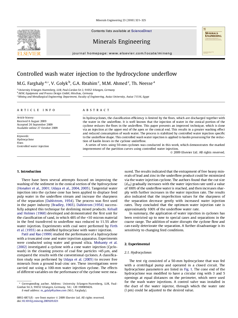 Controlled wash water injection to the hydrocyclone underflow