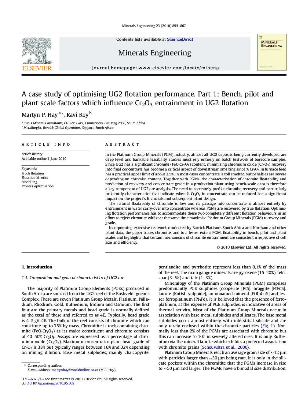 A case study of optimising UG2 flotation performance. Part 1: Bench, pilot and plant scale factors which influence Cr2O3 entrainment in UG2 flotation