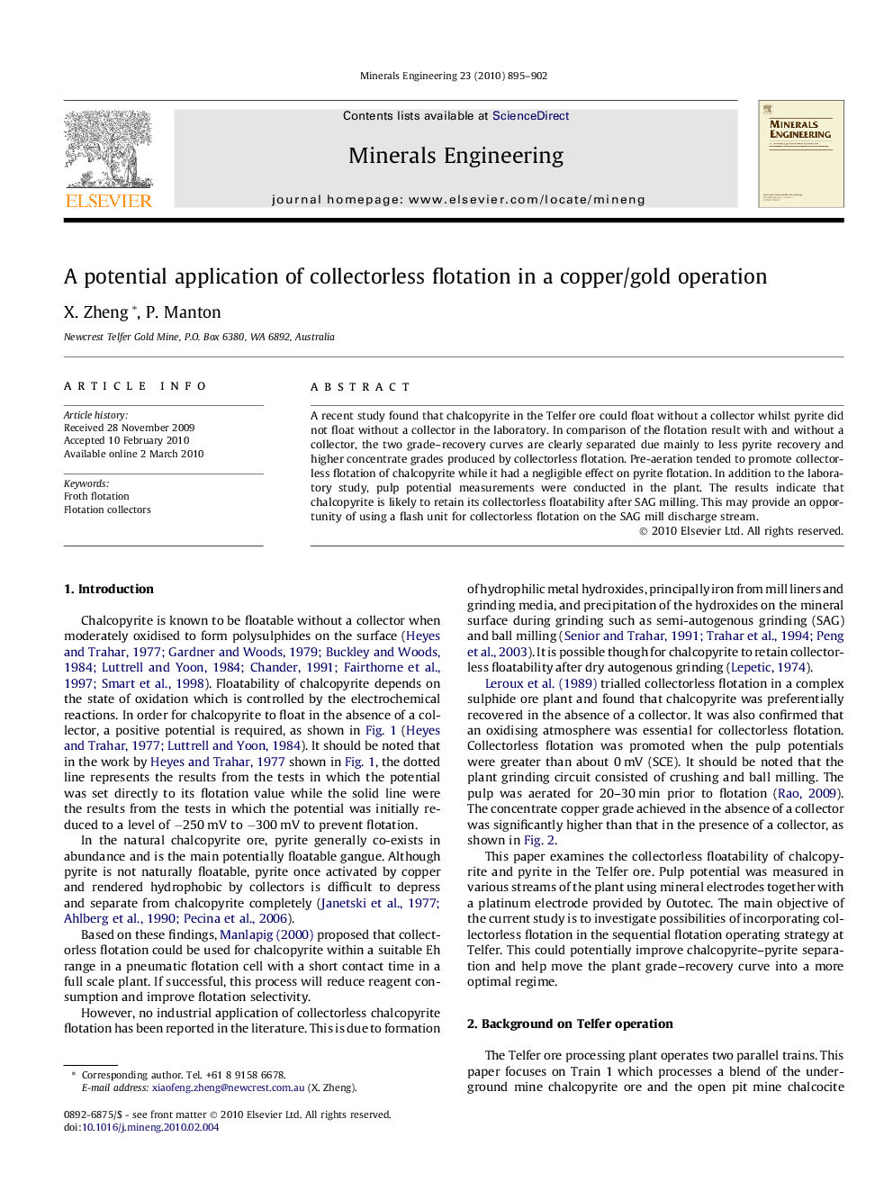 A potential application of collectorless flotation in a copper/gold operation