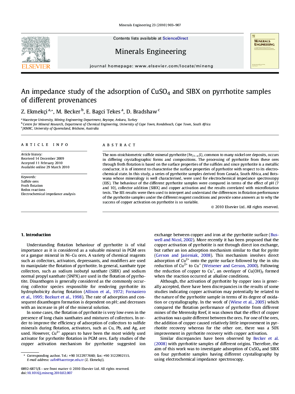 An impedance study of the adsorption of CuSO4 and SIBX on pyrrhotite samples of different provenances