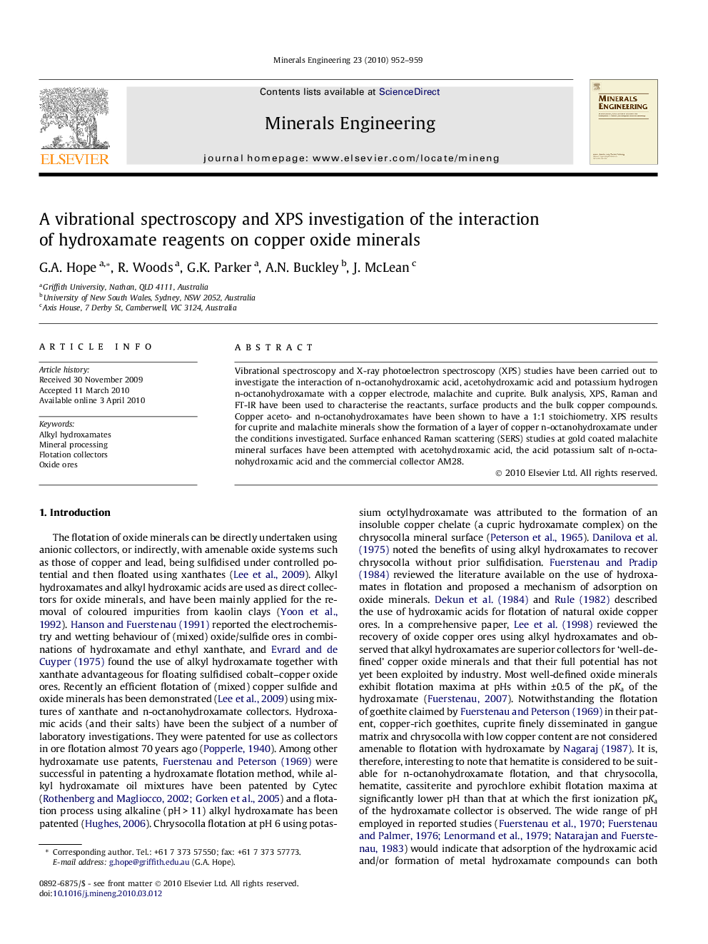 A vibrational spectroscopy and XPS investigation of the interaction of hydroxamate reagents on copper oxide minerals